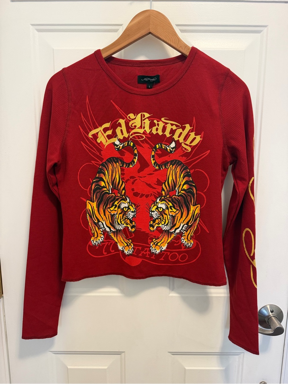 Women’s Ed Hardy Crawling Tiger Thermal Top Long Sleeve Tee - Wine - Size Large - Picture 7 of 12